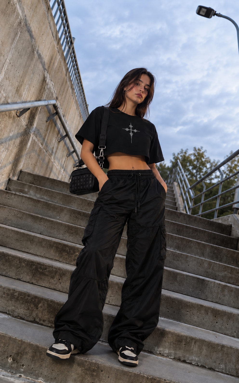Cross Diamond Oversized Black Crop Top